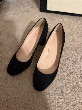 kate spade Black Suede Round-Toe Mid Block Heel Pumps